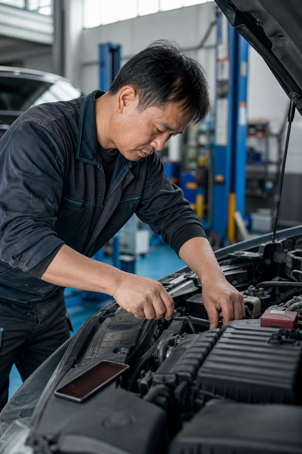 汽車技師在維修車輛時，手機放在車旁