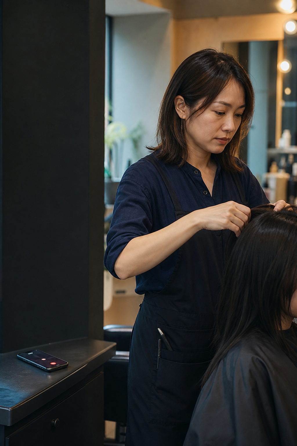 美容師服務客人時，手機放在工作檯旁